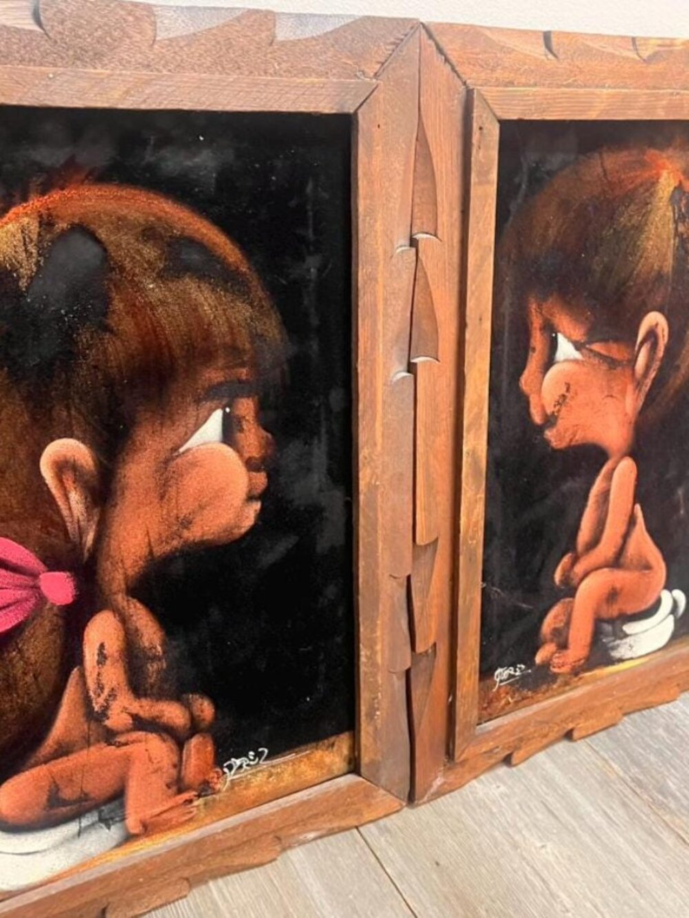 Vintage Kitsch Black Velvet Paintings: Boy & Girl on Potty - Perez Mexico